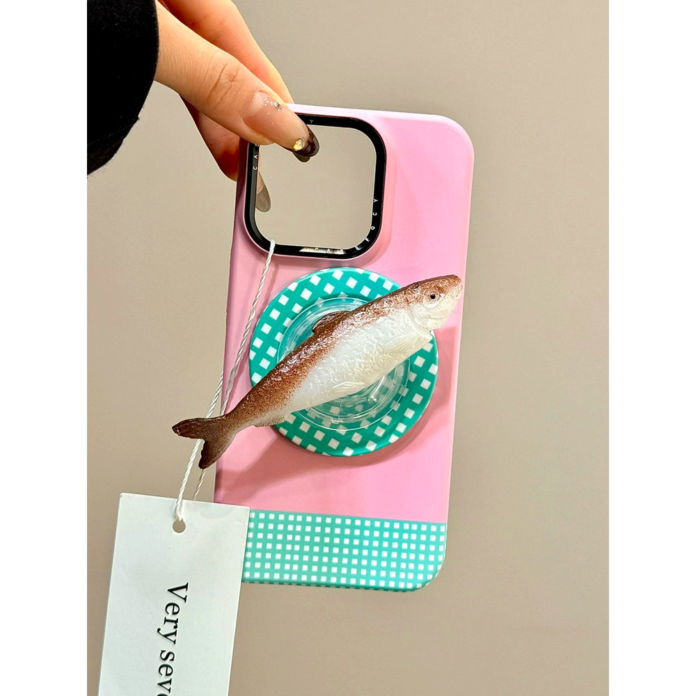 Three-dimensional Salted Fish Magnetic Suction Bracket Pink Mobile Phone Case Suitable for iPhone16 iPhone15 iPhone14 iPhone13