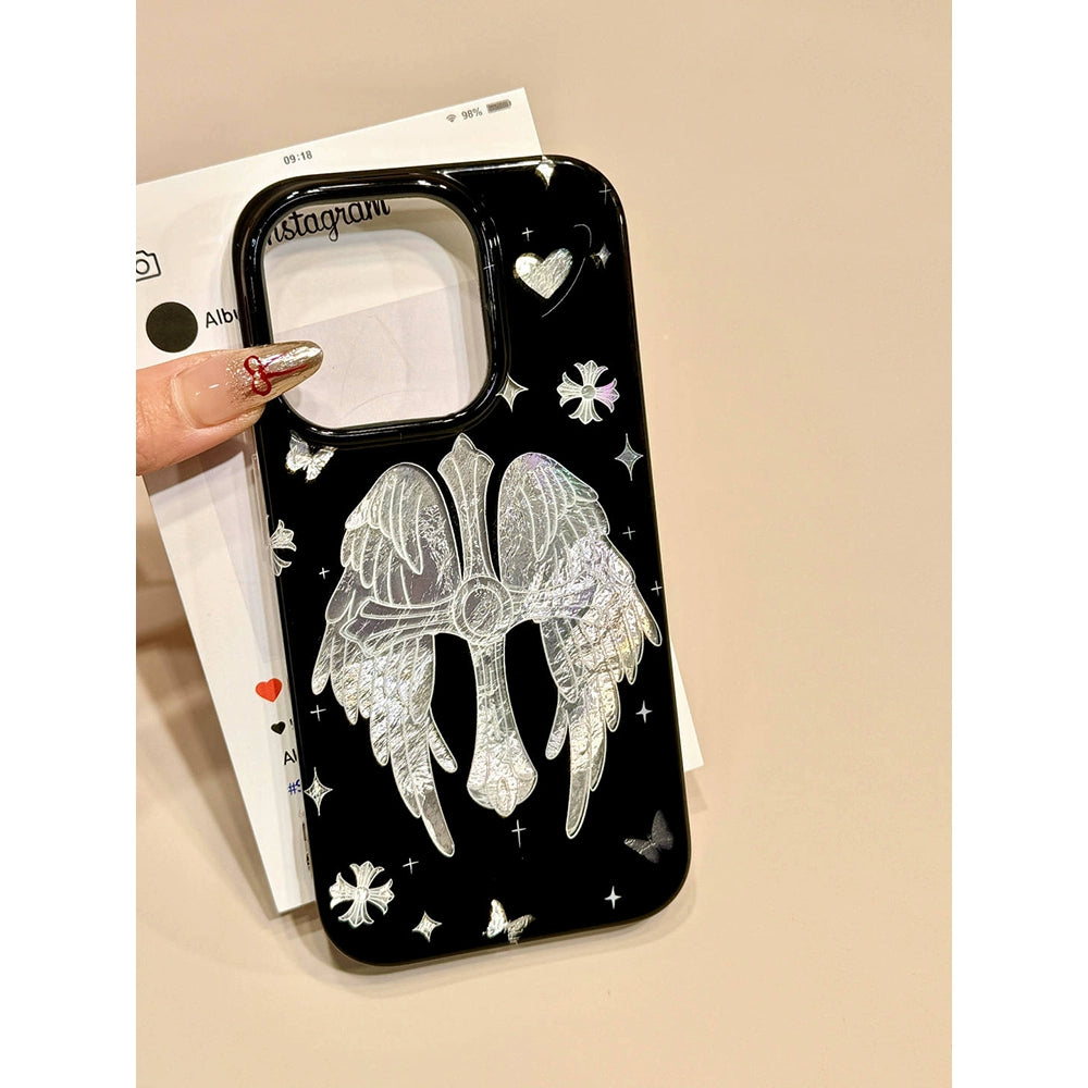 Tin Foil Pattern Silver Cross Wing Pendant Dark Aesthetic Mobile Phone Case with Mobile Phone Chain Pendant Suitable for iPhone16 iPhone15 iPhone14 iPhone13