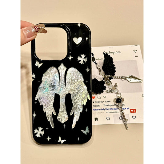 Tin Foil Pattern Silver Cross Wing Pendant Dark Aesthetic Mobile Phone Case with Mobile Phone Chain Pendant Suitable for iPhone16 iPhone15 iPhone14 iPhone13