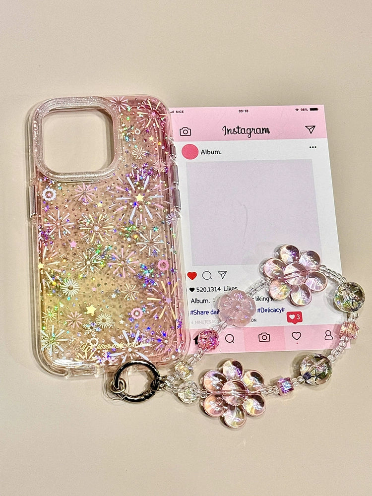 Sequined Double-layer Color Fireworks Flower Beaded Chain Mobile Phone Case Suitable for iPhone16 iPhone15 iPhone14 iPhone13