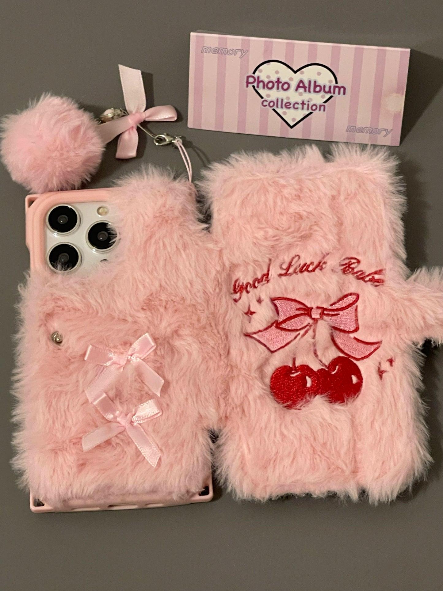 Pink Plush Flip Cherry Pink Phone Case with Phone Chain Pendant Suitable for iPhone16 iPhone15 iPhone14 iPhone13