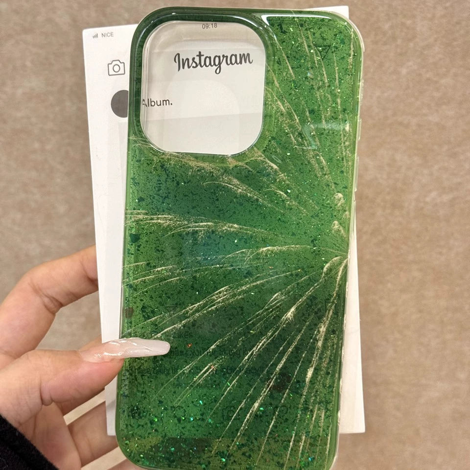 Translucent Blue Smoke Green Fireworks Glitter Shiny Aesthetic Phone Case Suitable for iPhone16 iPhone15 iPhone14 iPhone13