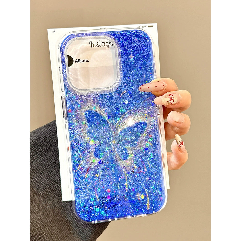 Transparent Blue Glitter Butterfly Beaded Chain Dream Aesthetic Mobile Phone Case Suitable for iPhone16 iPhone15 iPhone14 iPhone13