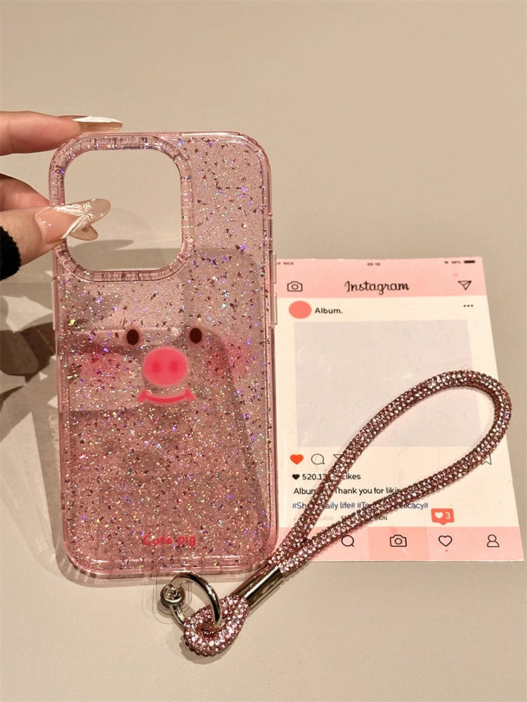 Cute Transparent Pink Sequined Piggy Emoji Phone Case with Lanyard Suitable for iPhone16 iPhone15 iPhone14 iPhone13