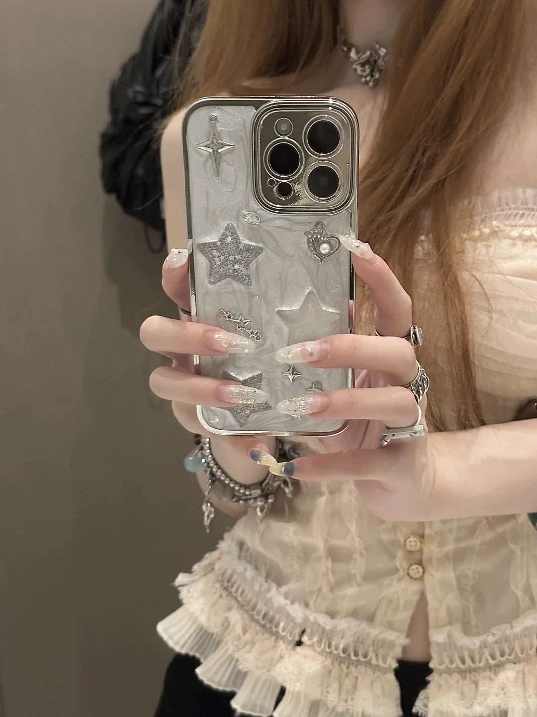 Electroplated Diamond-encrusted Butterfly Star Cat Mirror Silver Aesthetic Phone Case Suitable for iPhone16 iPhone15 iPhone14 iPhone13