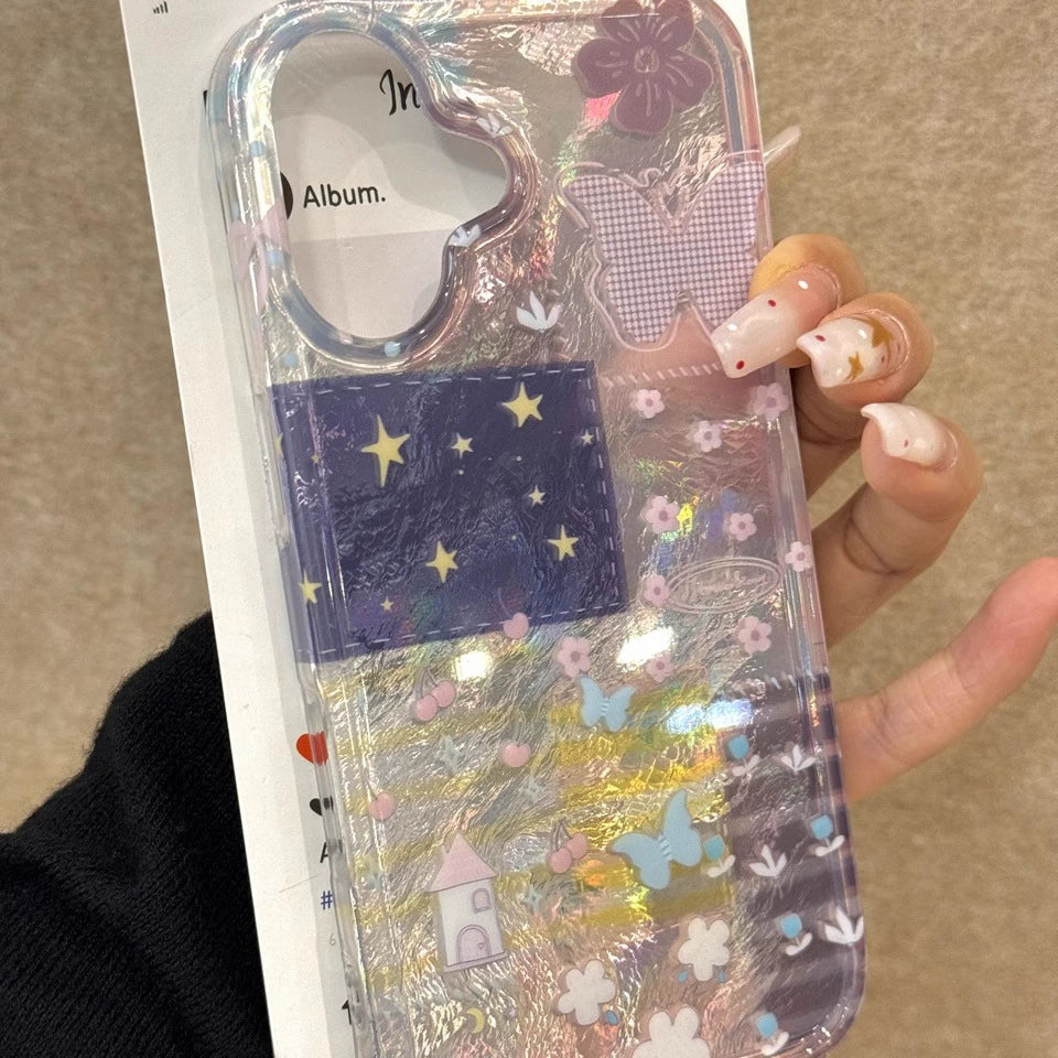 Cherry Flower Butterfly Star Aesthetic Mobile Phone Case Tinfoil Pattern Mobile Phone Case Suitable for iPhone16 iPhone15 iPhone14 iPhone13