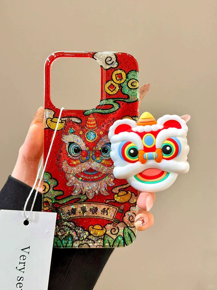 Everything Goes Well in The New Year, Lion Dance Red Lucky Aesthetics, Mobile Phone Case with Bracket Suitable for iPhone16 iPhone15 iPhone14 iPhone13