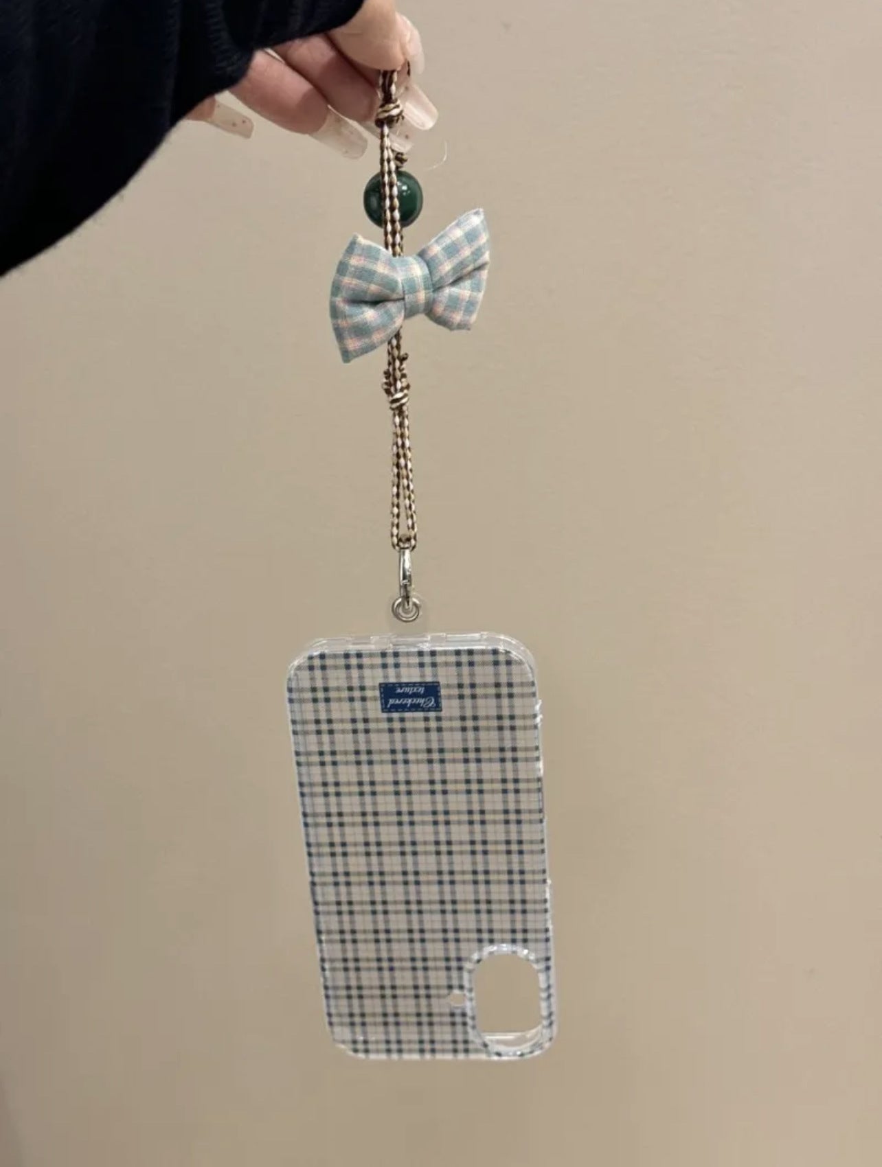 Blue Plaid Bow Translucent Clean Girl Aesthetic Mobile Phone Case with Mobile Phone Chain Pendant Suitable for iPhone16 iPhone15 iPhone14 iPhone13