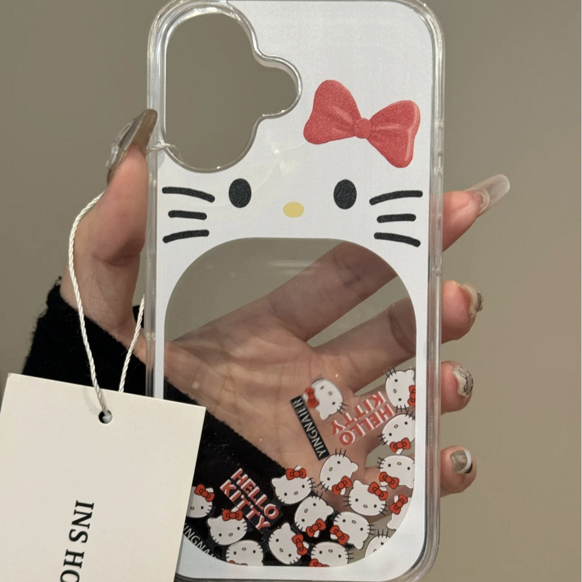 Cartoon Cute Hollow Big Mouth Cat White Background Aesthetics Mobile Phone Case Can Flow Quicksand Suitable for iPhone16 iPhone15 iPhone14 iPhone13