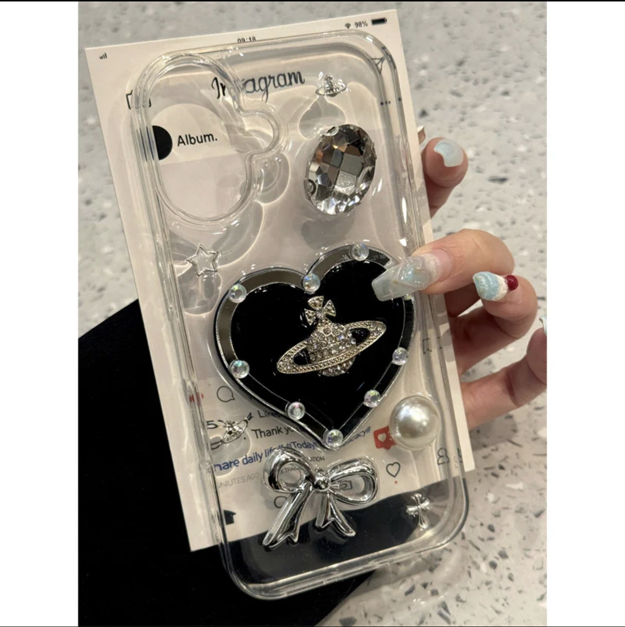 Epoxy Love Saturn Pearl Bow Diamond Transparent Aesthetic Mobile Phone Case Suitable for iPhone16 iPhone15 iPhone14 iPhone13