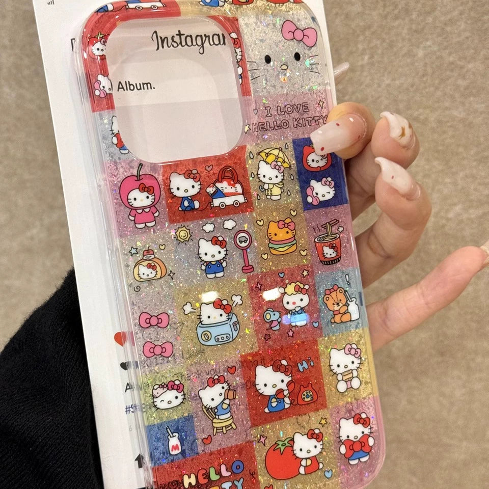 Cartoon Glitter Splicing Kt Cute Aesthetic Mobile Phone Case Suitable for iPhone16 iPhone15 iPhone14 iPhone13