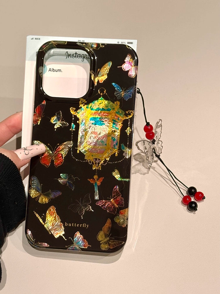 Glitter Pink Black Background Lanterns Butterfly Retro Aesthetic Mobile Phone Case with Mobile Phone Chain Pendant Suitable for iPhone16 iPhone15 iPhone14 iPhone13