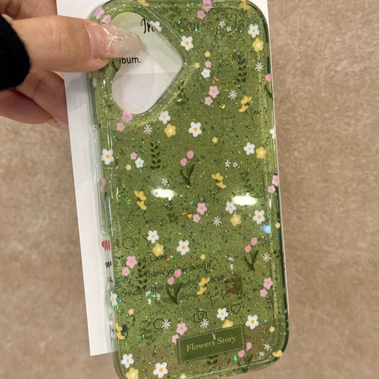 Translucent Green Pastoral Garden Glitter Flower Love Aesthetic Mobile Phone Case Suitable for iPhone16 iPhone15 iPhone14 iPhone13