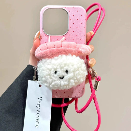 Girl Pink Sweet Shrimp Sushi Back Clip Mobile Phone Case with Diagonal Span Mobile Phone Rope Suitable for iPhone16 iPhone15 iPhone14 iPhone13