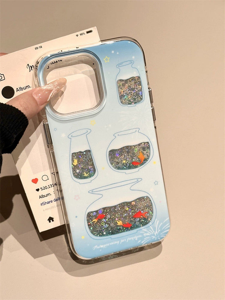 Blue Background Glitter Lines Goldfish Bottle Gradual Change Blue Aesthetic Phone Case Suitable for iPhone16 iPhone15 iPhone14 iPhone13