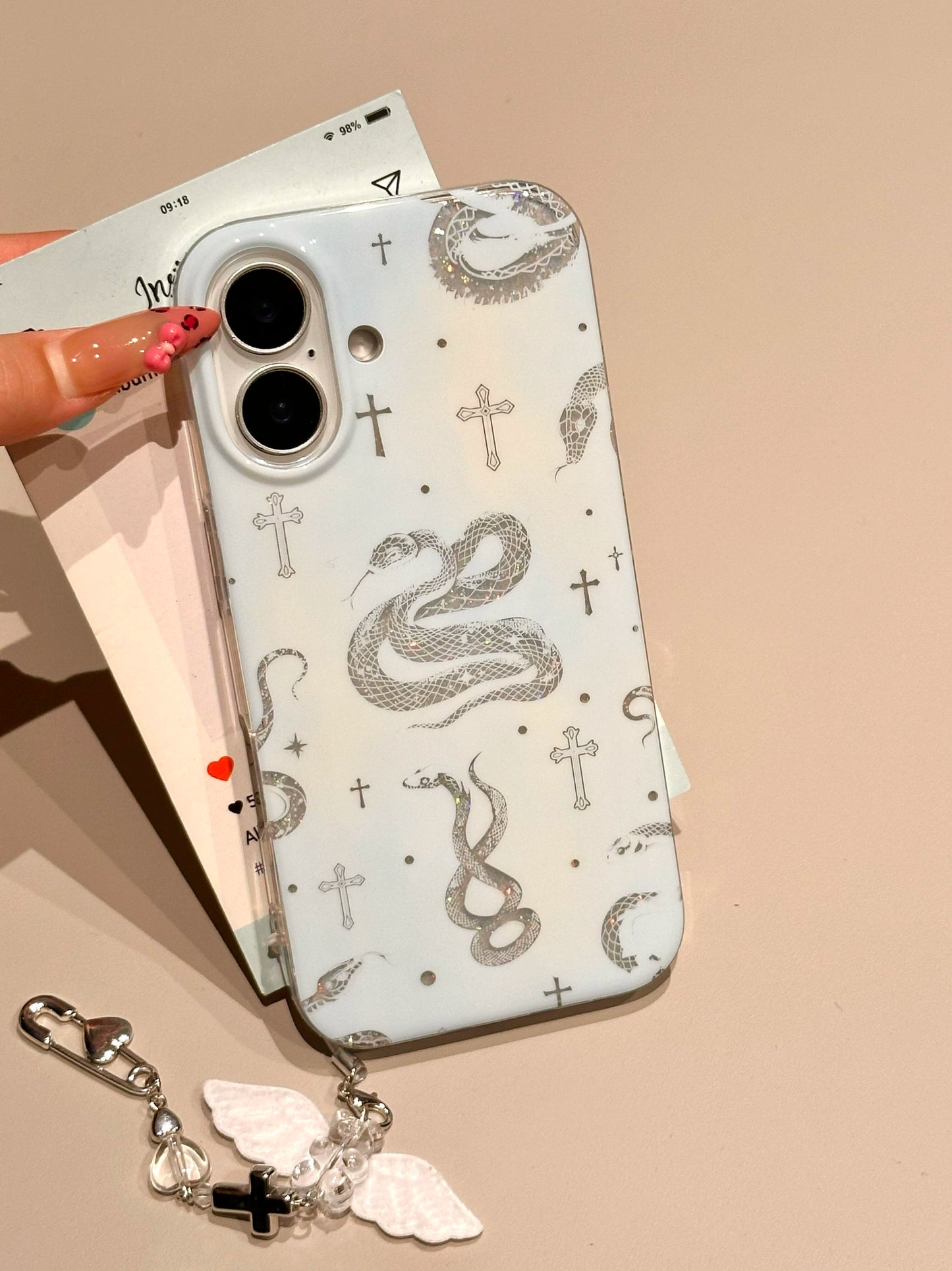 Gradual Change Baby Blue Cross Small Snake Art Aesthetics Mobile Phone Case Soft Sweet Cool Girl Suitable for iPhone16 iPhone15 iPhone14 iPhone13