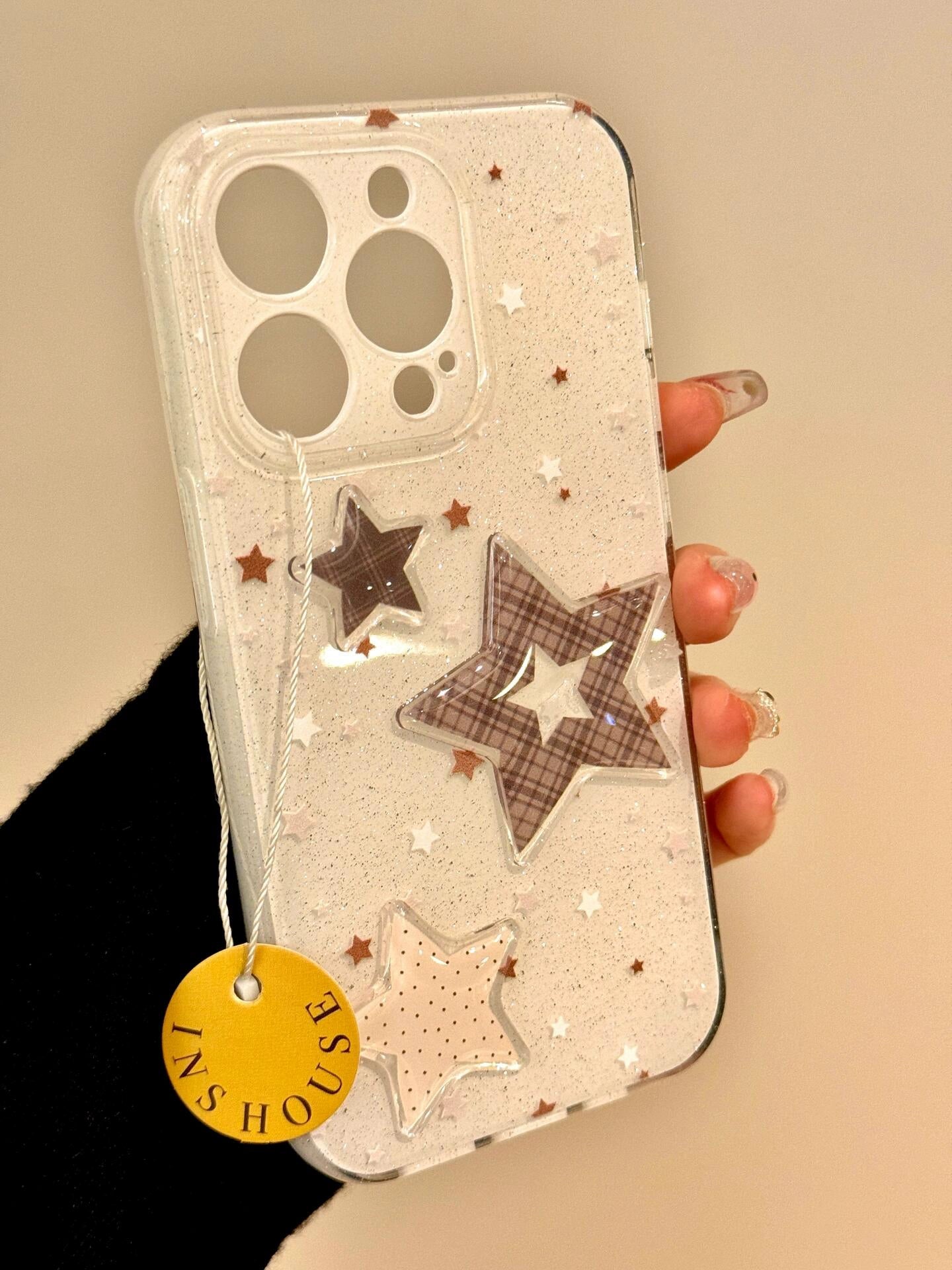 Glitter Three-dimensional Stars Cute Sweet Soft Girl Aesthetic Phone Case Suitable for iPhone16 iPhone15 iPhone14 iPhone13