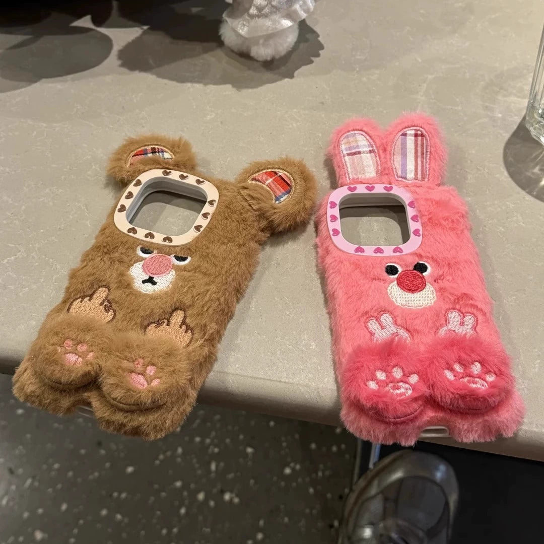 Plush Cute Gesture Rabbit Bear Pink Brown Phone Case Suitable for iPhone16 iPhone15 iPhone14 iPhone13