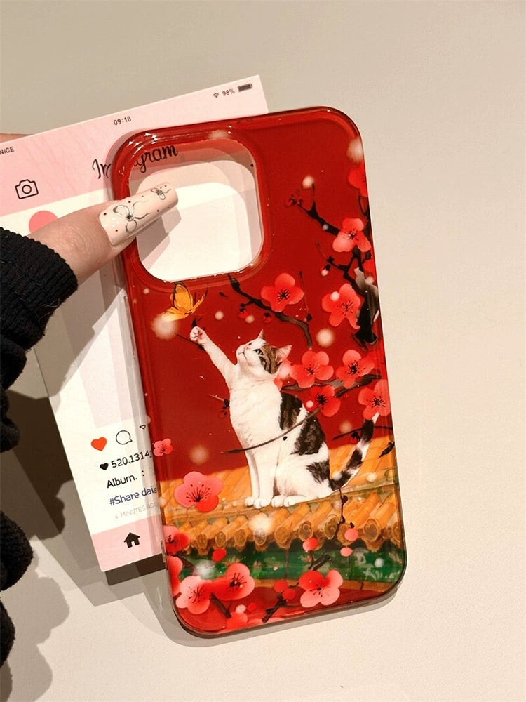 Red Background Plum Blossom Roof Cat Cute Aesthetic Mobile Phone Case Suitable for iPhone16 iPhone15 iPhone14 iPhone13