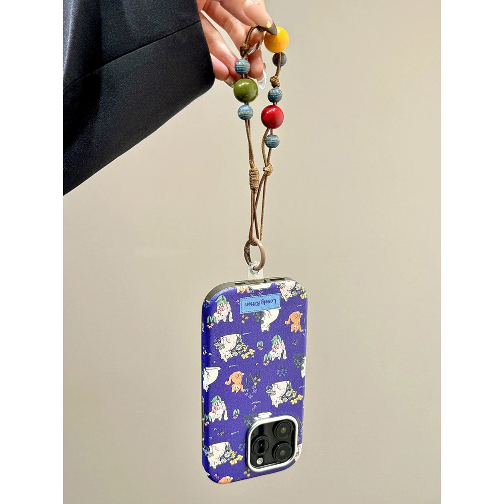 Cute Full Screen Flower Cat Blue Aesthetic Mobile Phone Case with Mobile Phone Chain Pendant Hand Rope Suitable for iPhone16 iPhone15 iPhone14 iPhone13