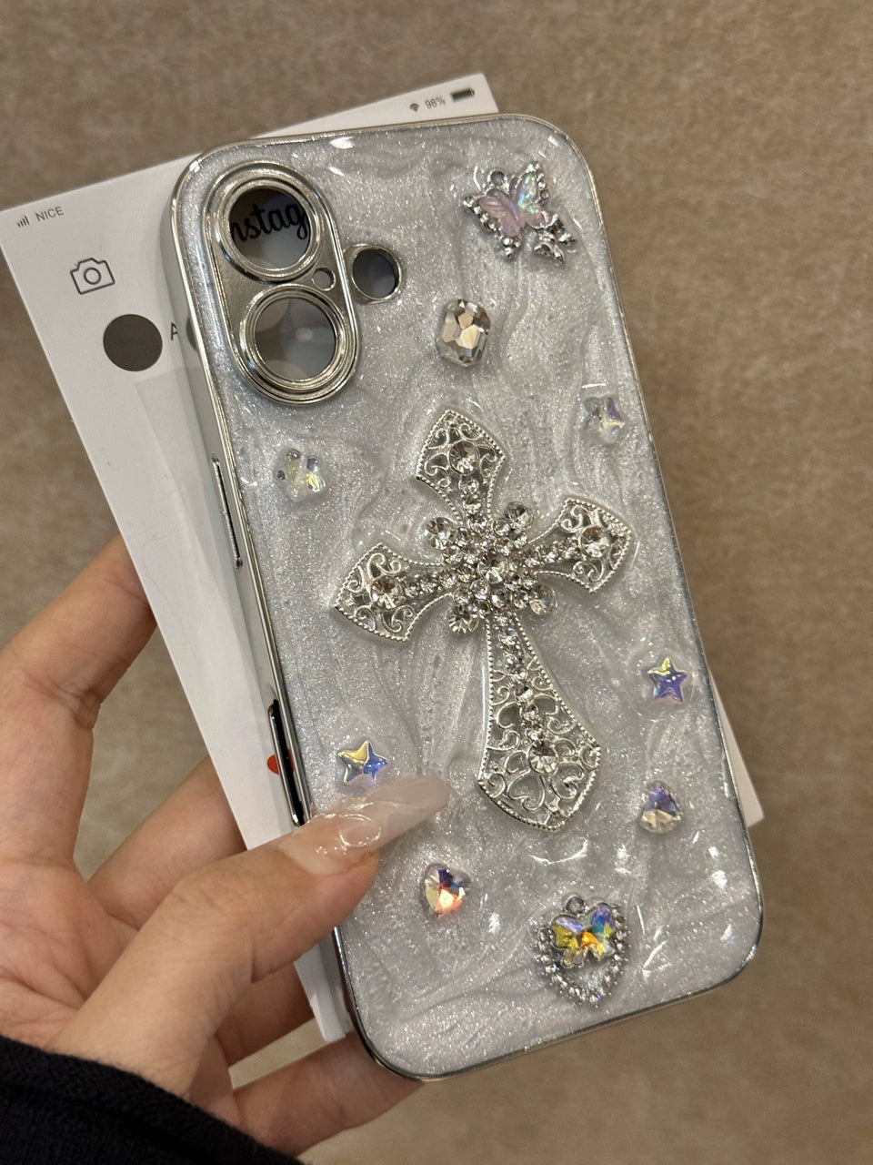 Three-dimensional Cross Diamond Shiny Aesthetic Mobile Phone Case Suitable for iPhone16 iPhone15 iPhone14 iPhone13