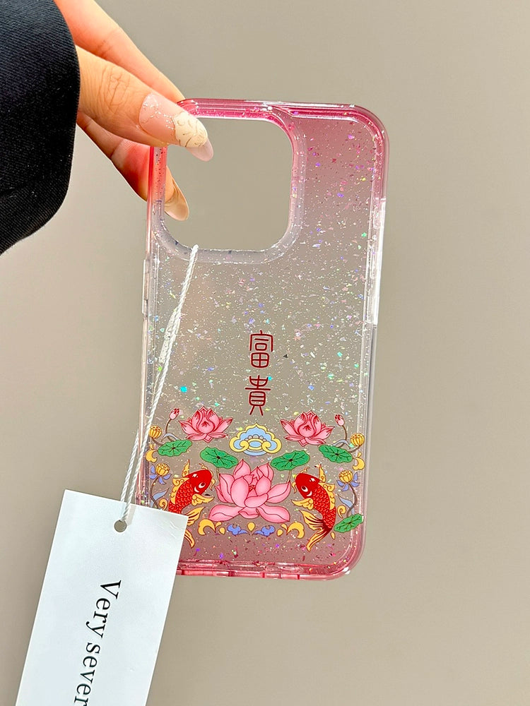 Sequined Double-layer Rich Lotus Koi Transparent Mobile Phone Case Suitable for iPhone16 iPhone15 iPhone14 iPhone13