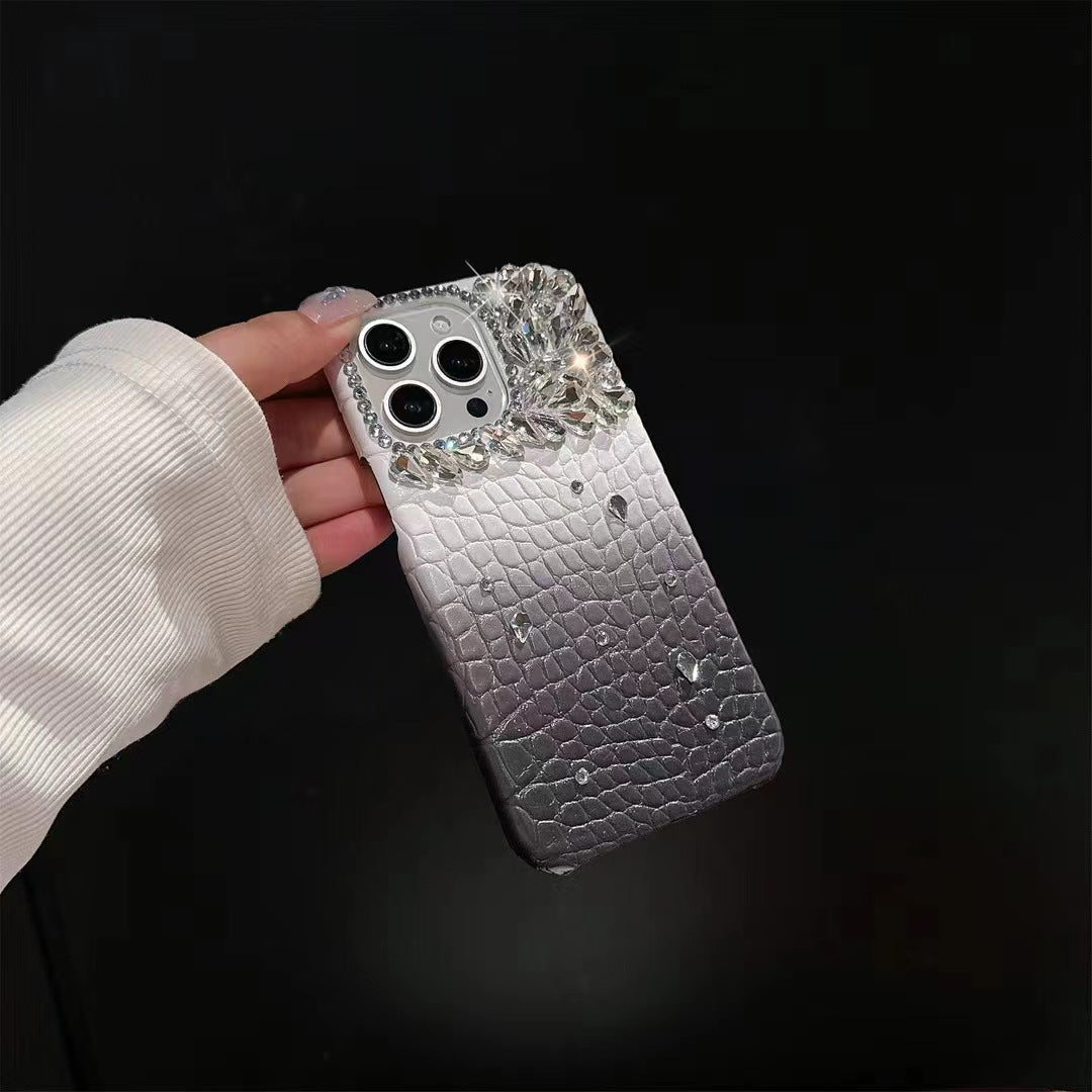 Handmade Rhinestones Gradually Change Crocodile Leather Pattern Elegant Aesthetic Mobile Phone Case Suitable for iPhone16 iPhone15 iPhone14 iPhone13