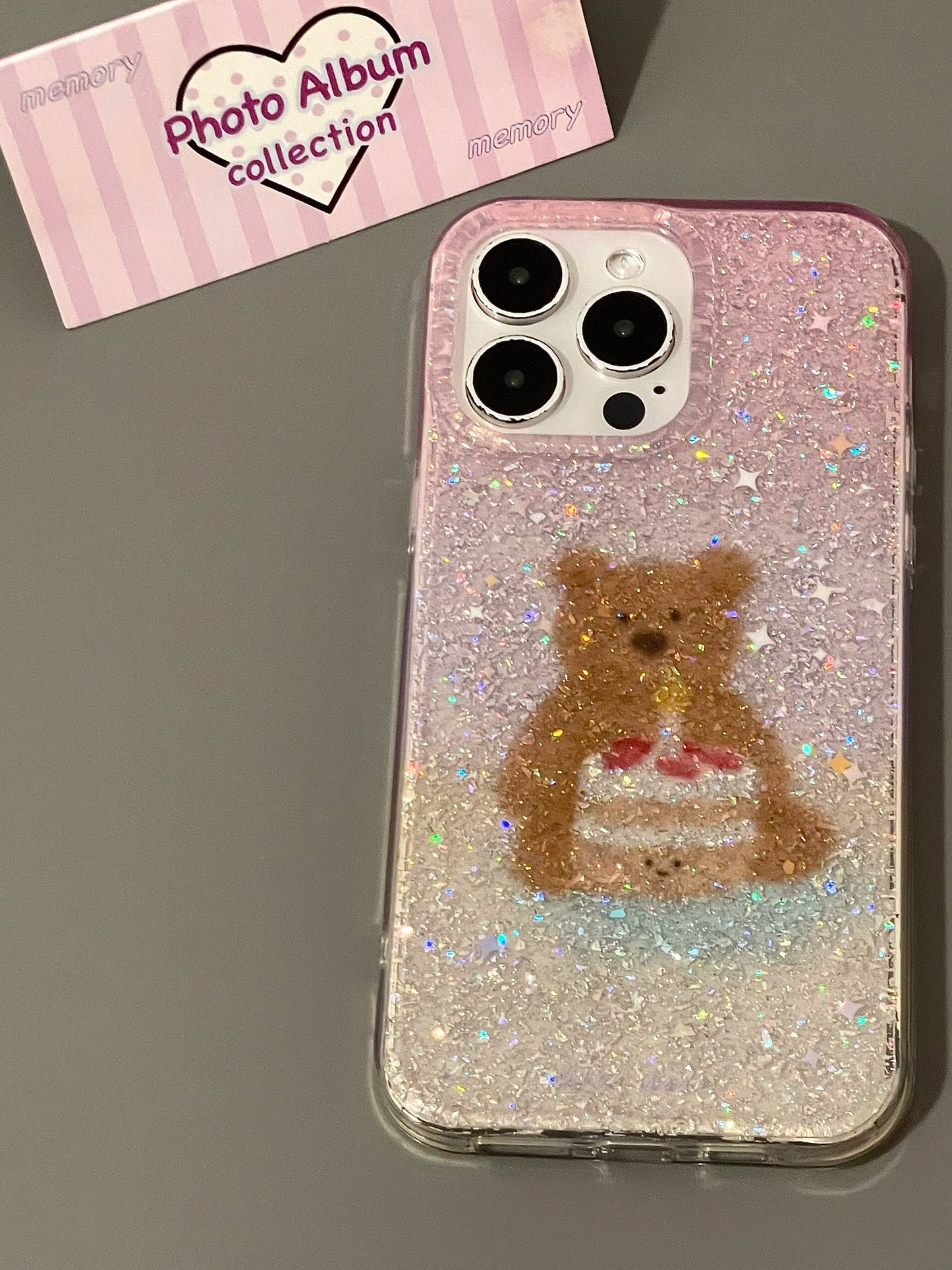 Pink Gradual Change Glitter Bear Cake Cute Aesthetic Phone Case, Soft and Sweet Girl Suitable for iPhone16 iPhone15 iPhone14 iPhone13