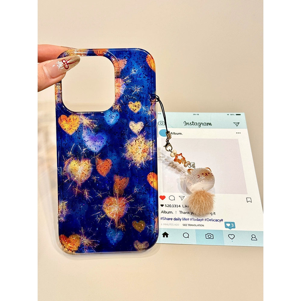 Sequin Glitter Color Love Mobile Phone Case with Mobile Phone Chain Pendant Suitable for iPhone16 iPhone15 iPhone14 iPhone13