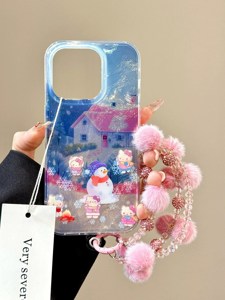 Cute Pink House Snowman Cat Cat Snowflake Hairball Chain Aesthetic Phone Case Suitable for iPhone16 iPhone15 iPhone14 iPhone13