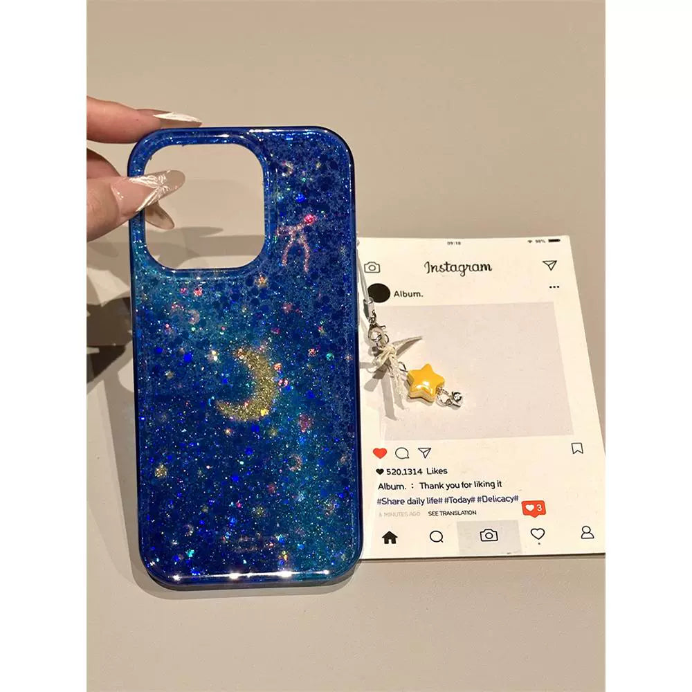 Transparent Blue Sequined Star Bow Glitter Aesthetic Phone Case Suitable for iPhone16 iPhone15 iPhone14 iPhone13