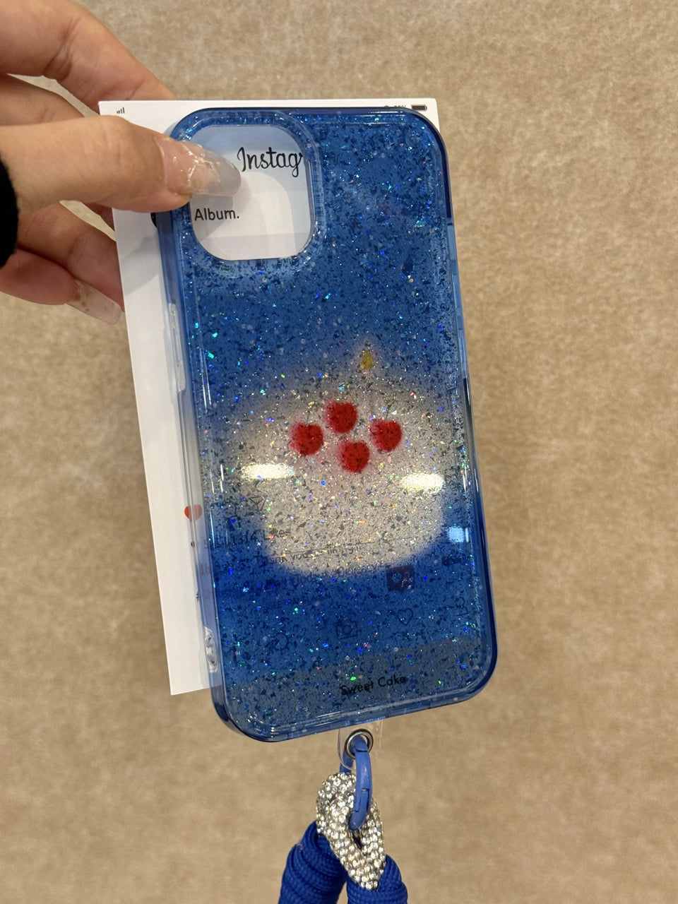 Translucent Cherry Cake Blue Bottom Glitter Shiny Aesthetic Mobile Phone Case with Mobile Phone Chain Pendant Suitable for iPhone16 iPhone15 iPhone14 iPhone13