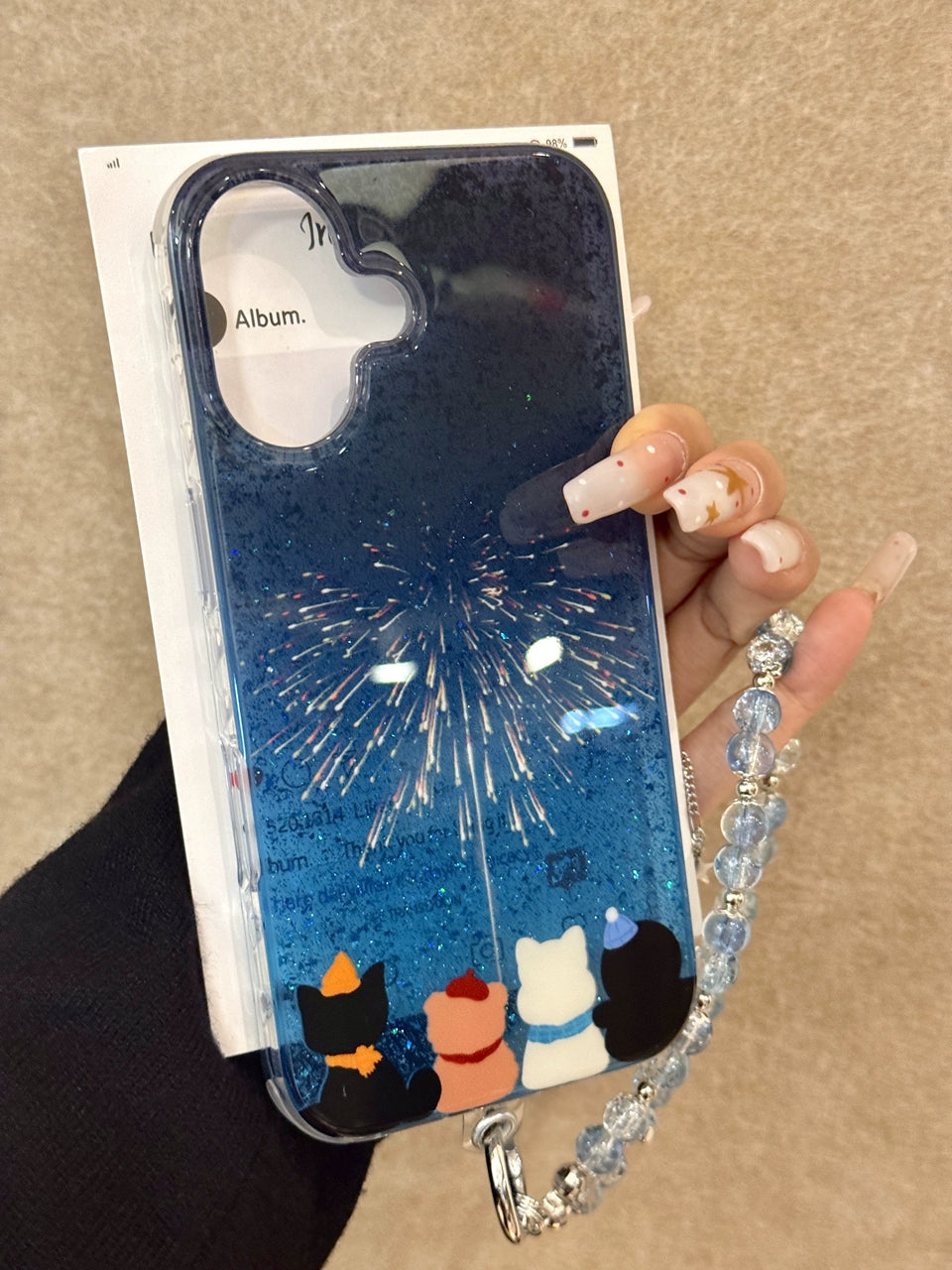 Deep Blue Beautiful Fireworks Cat Cute Back Aesthetic Mobile Phone Case Suitable for iPhone16 iPhone15 iPhone14 iPhone13 with Phone Chain