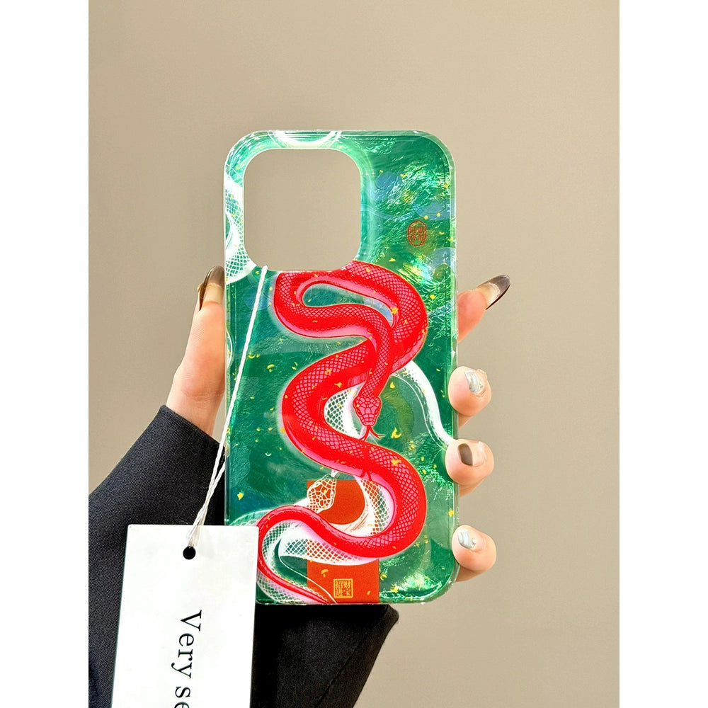 Green Bottom Red Snake Lucky Aesthetic Mobile Phone Case Tinfoil Pattern Mobile Phone Case, Suitable for Apple iPhone16promax iPhone15 iPhone14 iPhone13 Double-layer Chinese Style Spring Festival Mobile Phone Case for The Year of The Snake