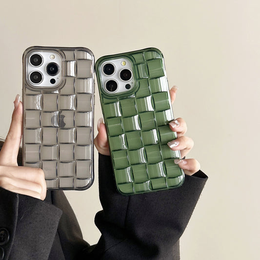 Three-dimensional Rubik's Cube Block Woven Transparent Army Green Mobile Phone Case Suitable for iPhone16 iPhone15 iPhone14 iPhone13