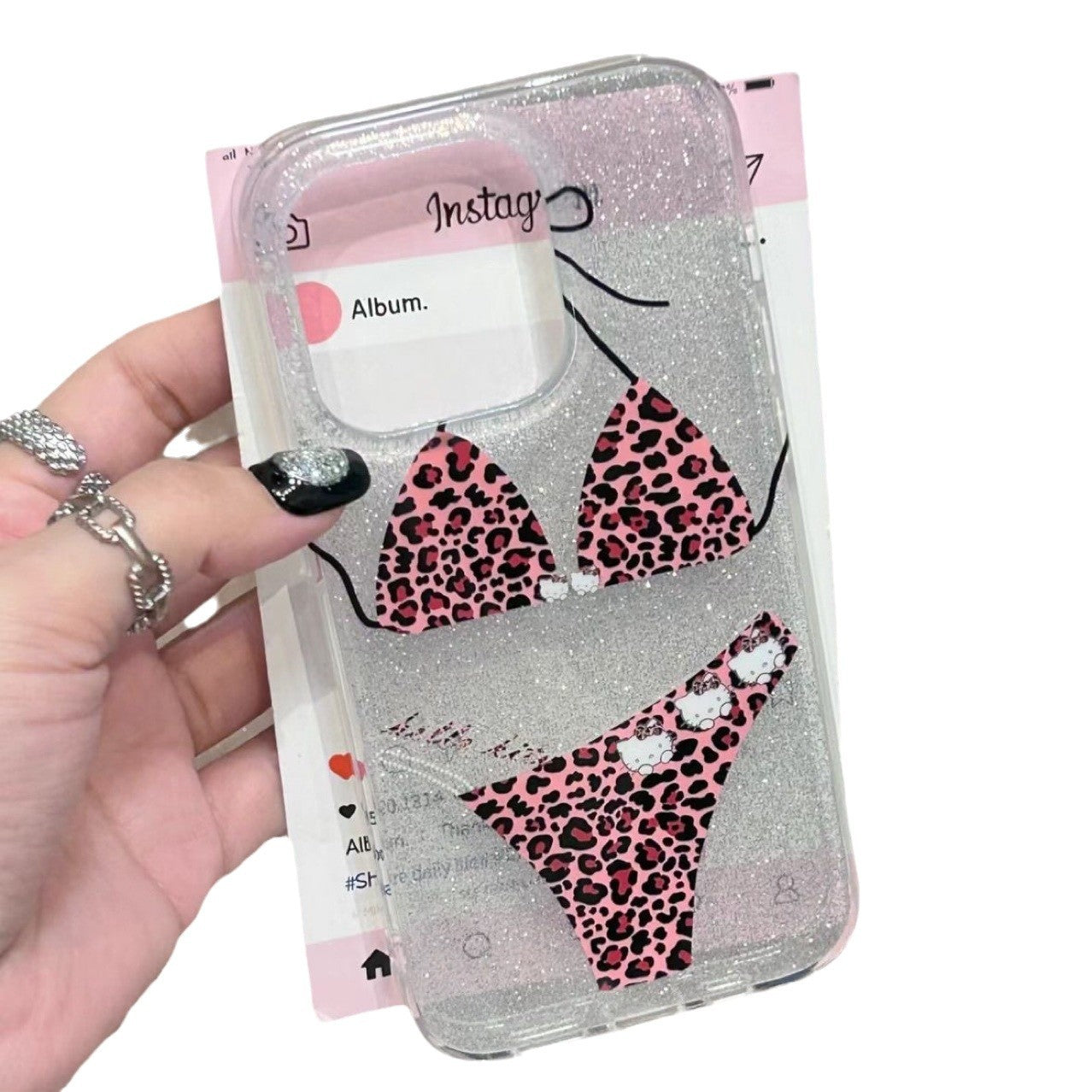 Cat Bikini Silver Glitter Phone Case Suitable for iPhone16 iPhone15 iPhone14 iPhone13