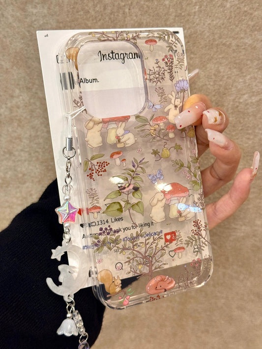 Transparent Cartoon Pastoral Oil Painting Mushroom Bunny Cute Sweet Girl Aesthetics Transparent Phone Case Suitable for iPhone16 iPhone15 iPhone14 iPhone13