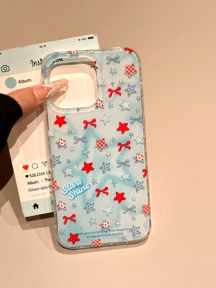 Blue Bottom Bow Star Cute Phone Case Suitable for iPhone16 iPhone15 iPhone14 iPhone13