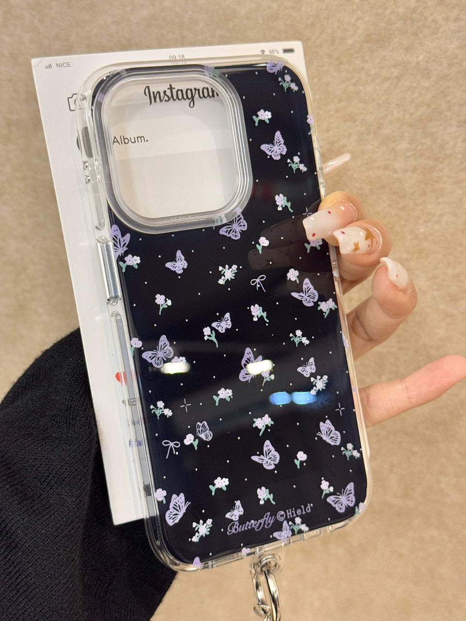 Korean Polka Dot Purple Butterfly Black Background Art Aesthetics Mobile Phone Case with Mobile Phone Chain Pendant, Soft and Sweet Girl Suitable for iPhone16 iPhone15 iPhone14 iPhone13