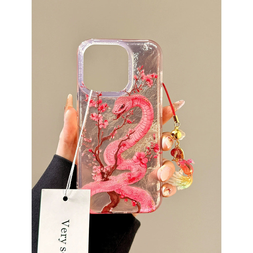 Chinese Style Begonia Pollen Snake Koi Aesthetic Mobile Phone Case with Mobile Phone Chain Pendant Suitable for iPhone16 iPhone15 iPhone14 iPhone13