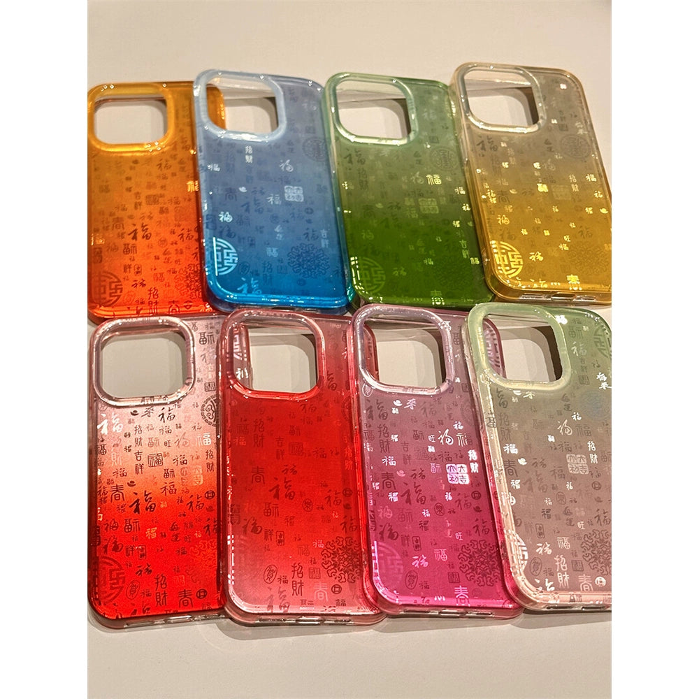 Gradual Change of Color Auspicious Baifutu Lucky Aesthetic Mobile Phone Case Suitable for iPhone16 iPhone15 iPhone14 iPhone13