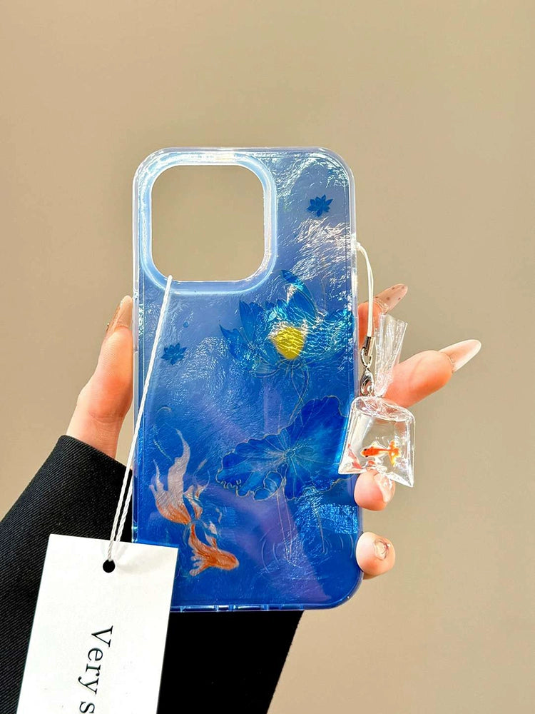 Lotus Koi Water Bag Goldfish Blue Smudge Aesthetic Mobile Phone Case with Mobile Phone Chain Pendant Suitable for iPhone16 iPhone15 iPhone14 iPhone13