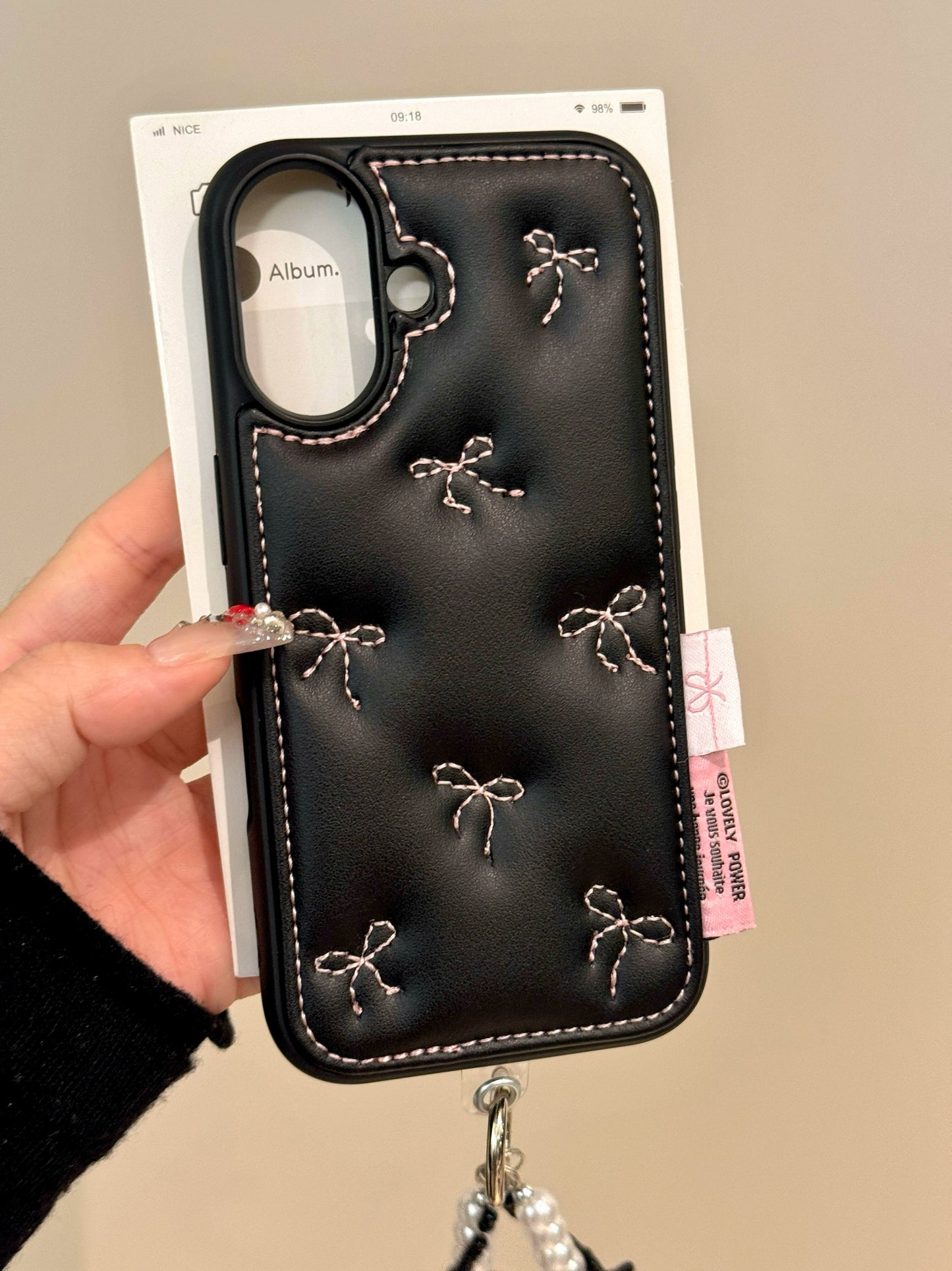 Black Background Embroidered Bow Mobile Phone Case with Mobile Phone Chain Pendant Suitable for iPhone16 iPhone15 iPhone14 iPhone13