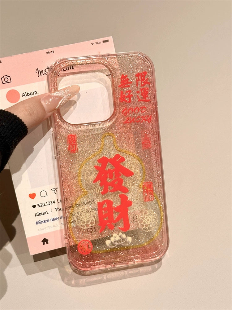 Glitter Semi-transparent Wealth, Peace and Smooth, Lucky Aesthetics, Mobile Phone Case Suitable for iPhone16 iPhone15 iPhone14 iPhone13