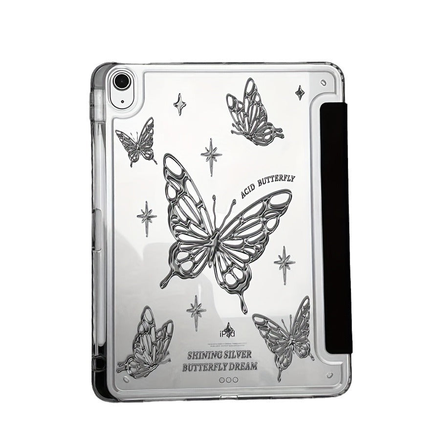 Transparent Silver Butterfly Triple Fold Stand Tablet Case IPad Pro11 2024/10th/10.2/10 9/9.7