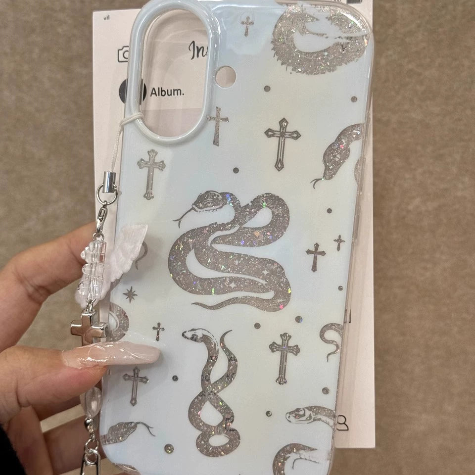 White Hollow Shiny Snake Art Aesthetic Mobile Phone Case with Mobile Phone Chain Pendant Coquette Phone Case Suitable for iPhone16 iPhone15 iPhone14 iPhone13