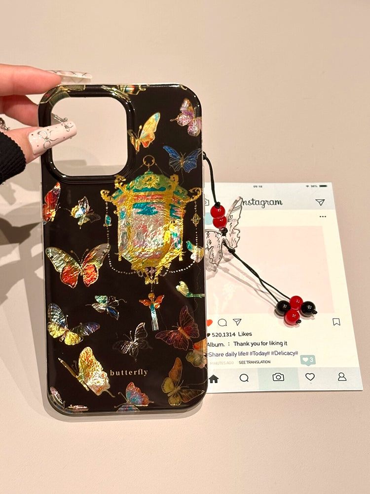 Glitter Pink Black Background Lanterns Butterfly Retro Aesthetic Mobile Phone Case with Mobile Phone Chain Pendant Suitable for iPhone16 iPhone15 iPhone14 iPhone13