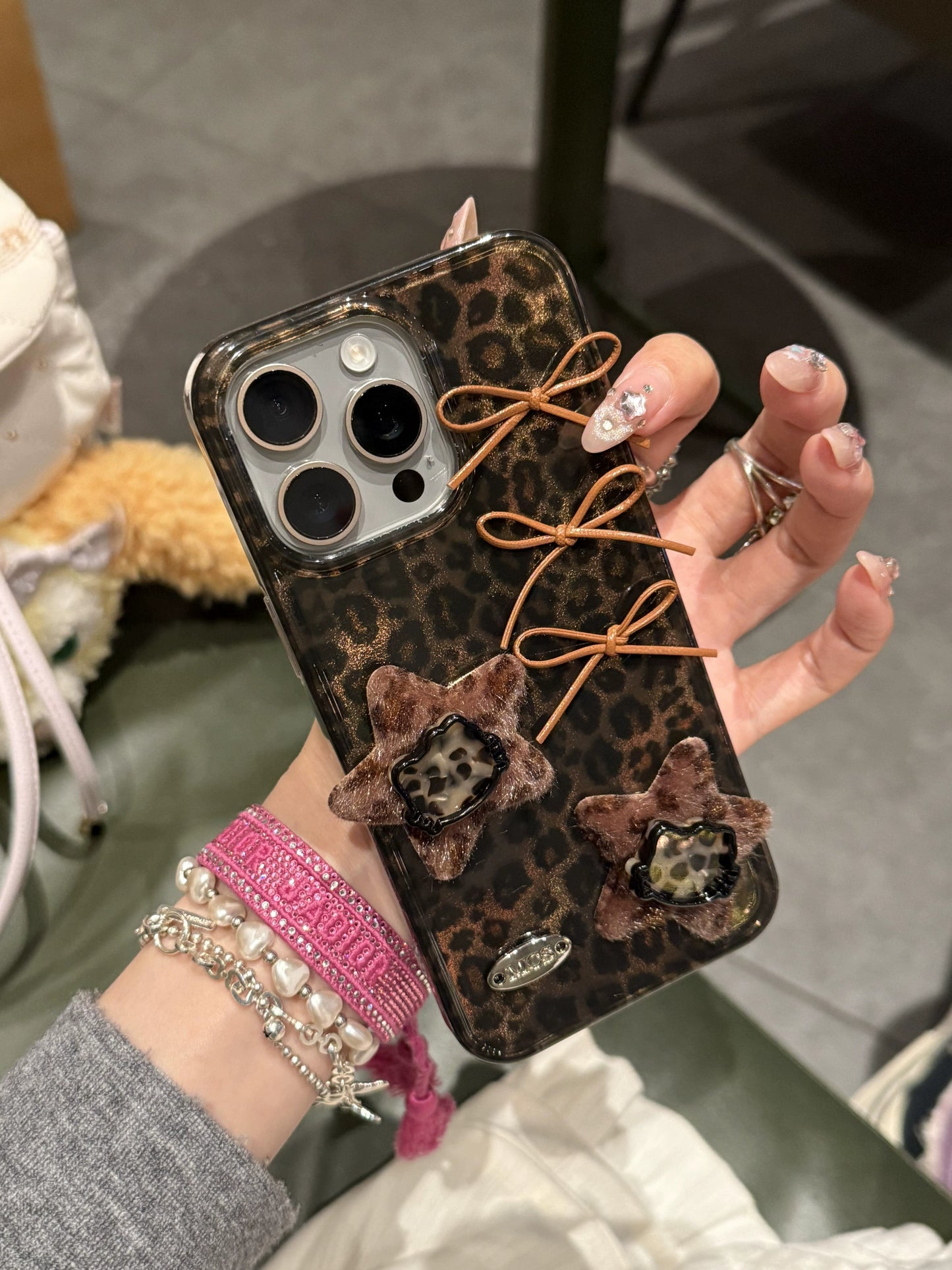 Leopard Print Laser Bow Star Cat Aesthetic Mobile Phone Case Suitable for iPhone16 iPhone15 iPhone14 iPhone13