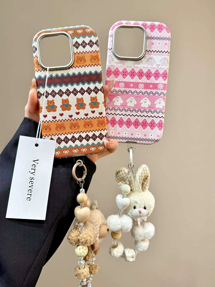 Cute Striped Cartoon Rabbit Bear Plush Hand Rope Aesthetic Phone Case Suitable for iPhone16 iPhone15 iPhone14 iPhone13