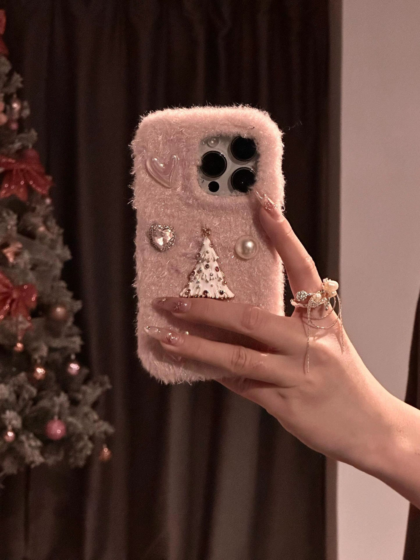 Plush Three-dimensional Flash Diamond Love Christmas Tree Pink Aesthetic Mobile Phone Case Suitable for iPhone16 iPhone15 iPhone14 iPhone13